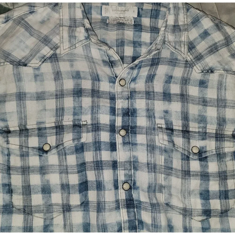 Lucky Brand Indigo linen plaid western long sleeve shirt Mens S - Picture 7 of 7